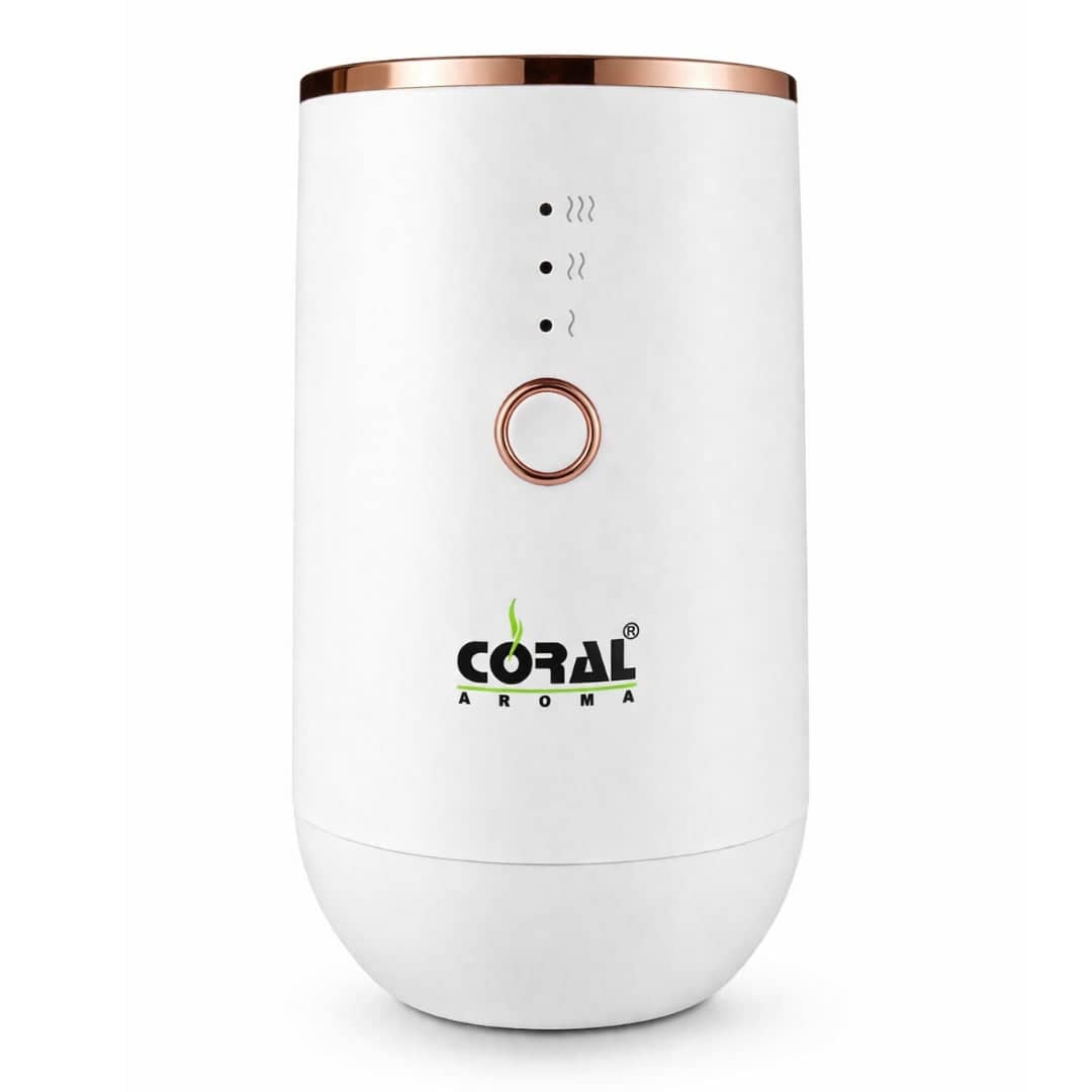 Coral Aroma Car Diffuser White – Smart Auto Sensor, Rechargeable, Adjustable Fragrance, LED Light, USB-C, Portable Air Freshener