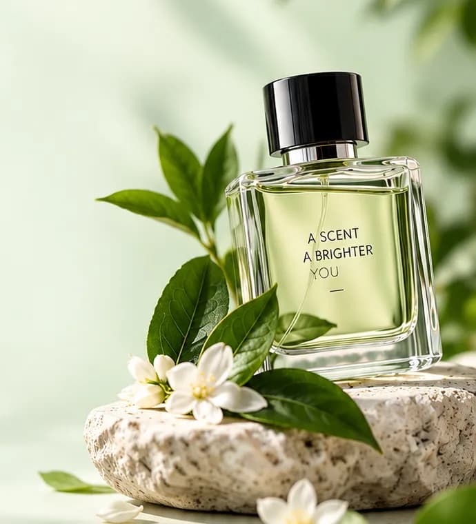 A perfume bottle among green leaves and white flowers