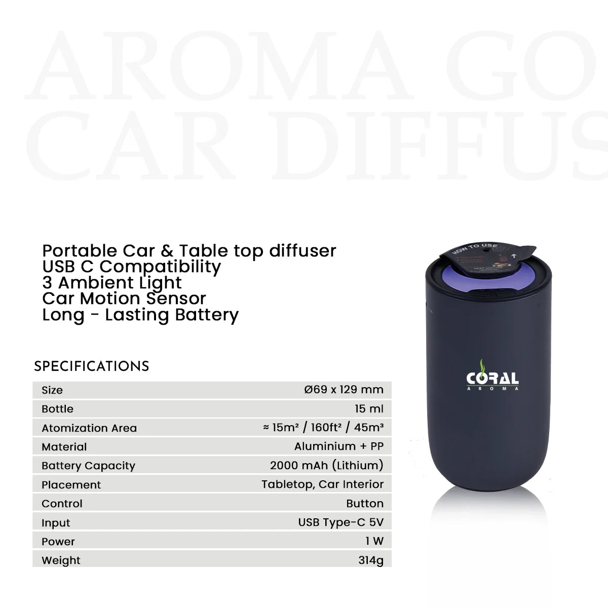 Coral Aroma Go Car Diffuser Black – Smart Auto Sensor, Rechargeable, Adjustable Fragrance, LED Light, USB-C, Portable Air Freshener