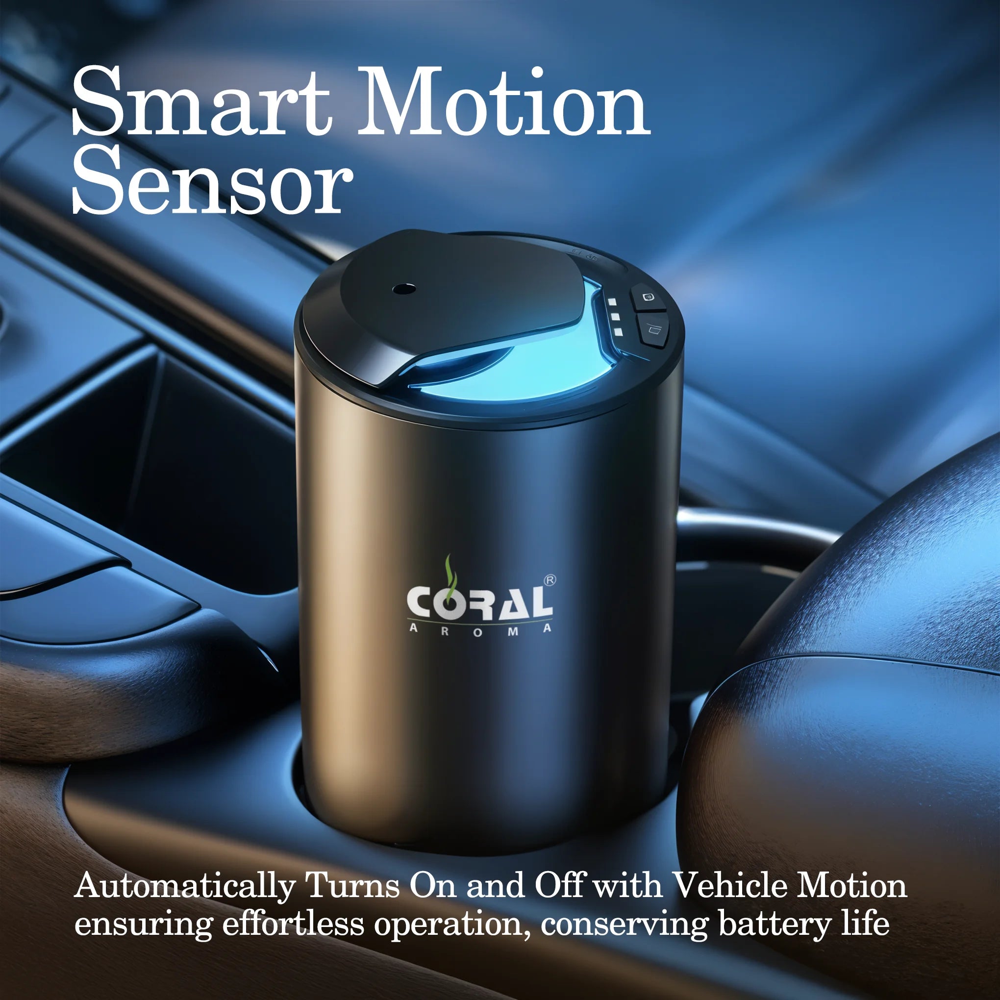 Coral Aroma Go Car Diffuser Black – Smart Auto Sensor, Rechargeable, Adjustable Fragrance, LED Light, USB-C, Portable Air Freshener