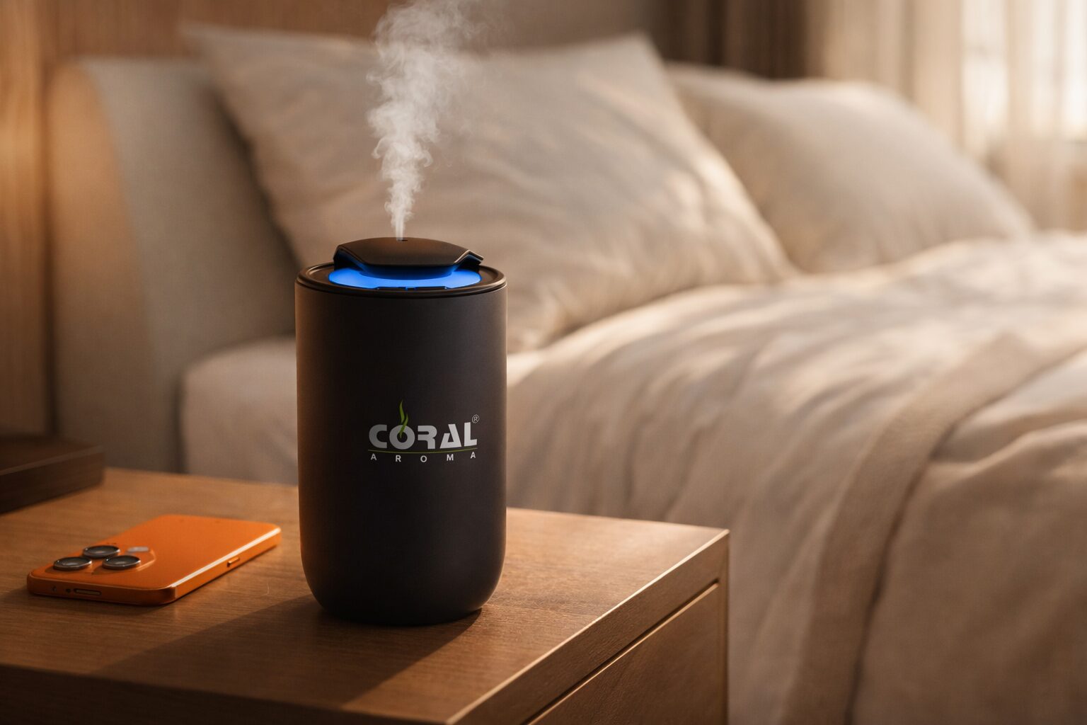 Coral Aroma Go Car Diffuser Black – Smart Auto Sensor, Rechargeable, Adjustable Fragrance, LED Light, USB-C, Portable Air Freshener