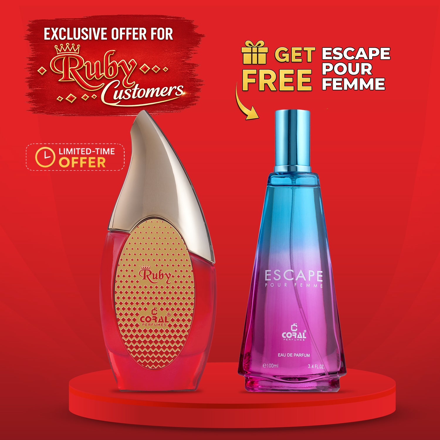 Coral Ruby Perfume 100ml for Women + FREE Escape Pour Femme 100ml (Worth ₹999)