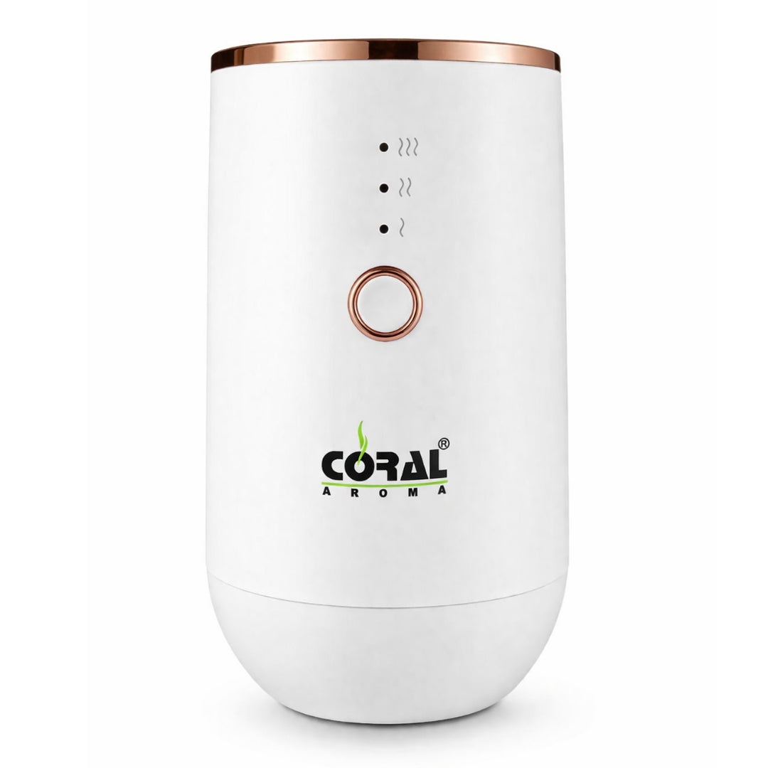 Coral Aroma Car Diffuser White – Smart Auto Sensor, Rechargeable, Adjustable Fragrance, LED Light, USB-C, Portable Air Freshener